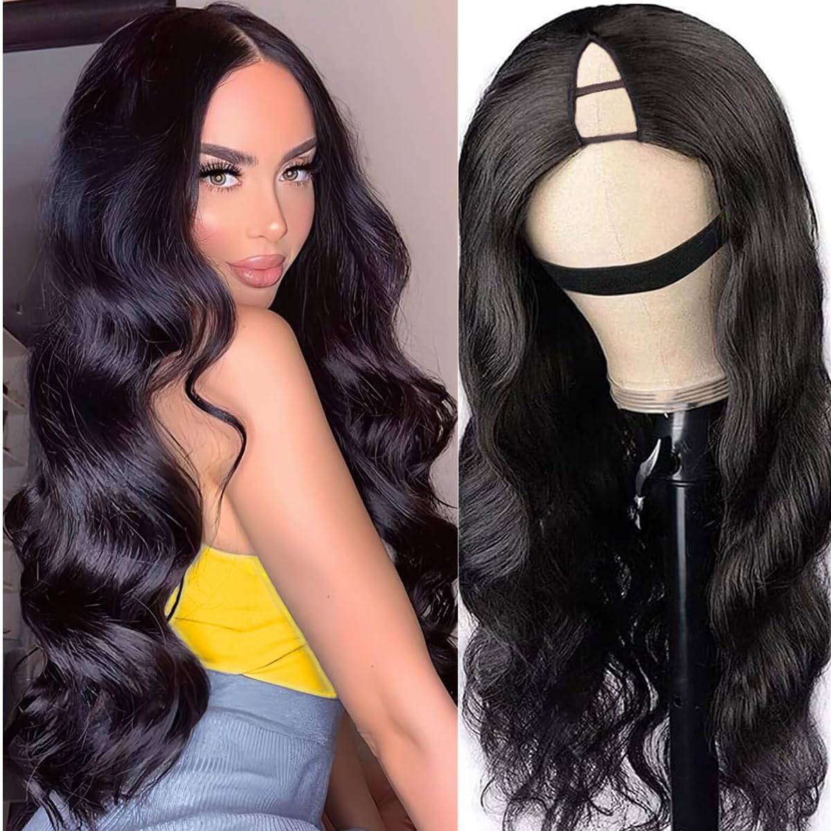 20 Inch V Part Wig Human Hair Body Wave Upgrade U Part Human Hair Wig Beginner Friendly Clip In V Shape Wigs for Women Natural Black Color