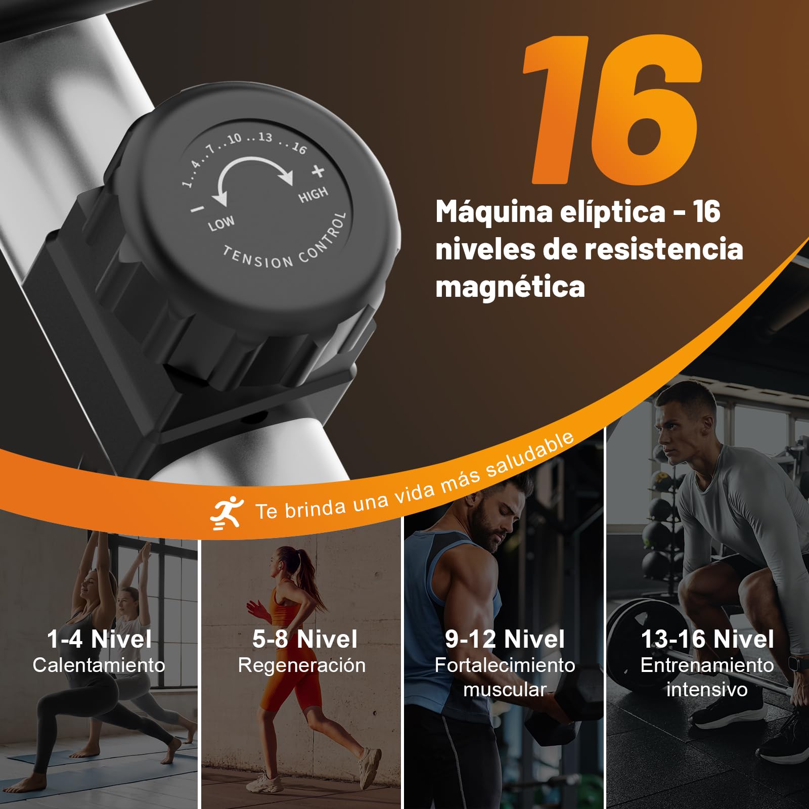Elíptica para Casa, Ultra Silenciosa Bicicleta Eliptica con Resistencia Magnética de 16 Niveles, Volante 10kg, Zancada de 45 cm, Monitor LCD y Bluetooth, Sensor de Pulso, Soporta hasta 150kg