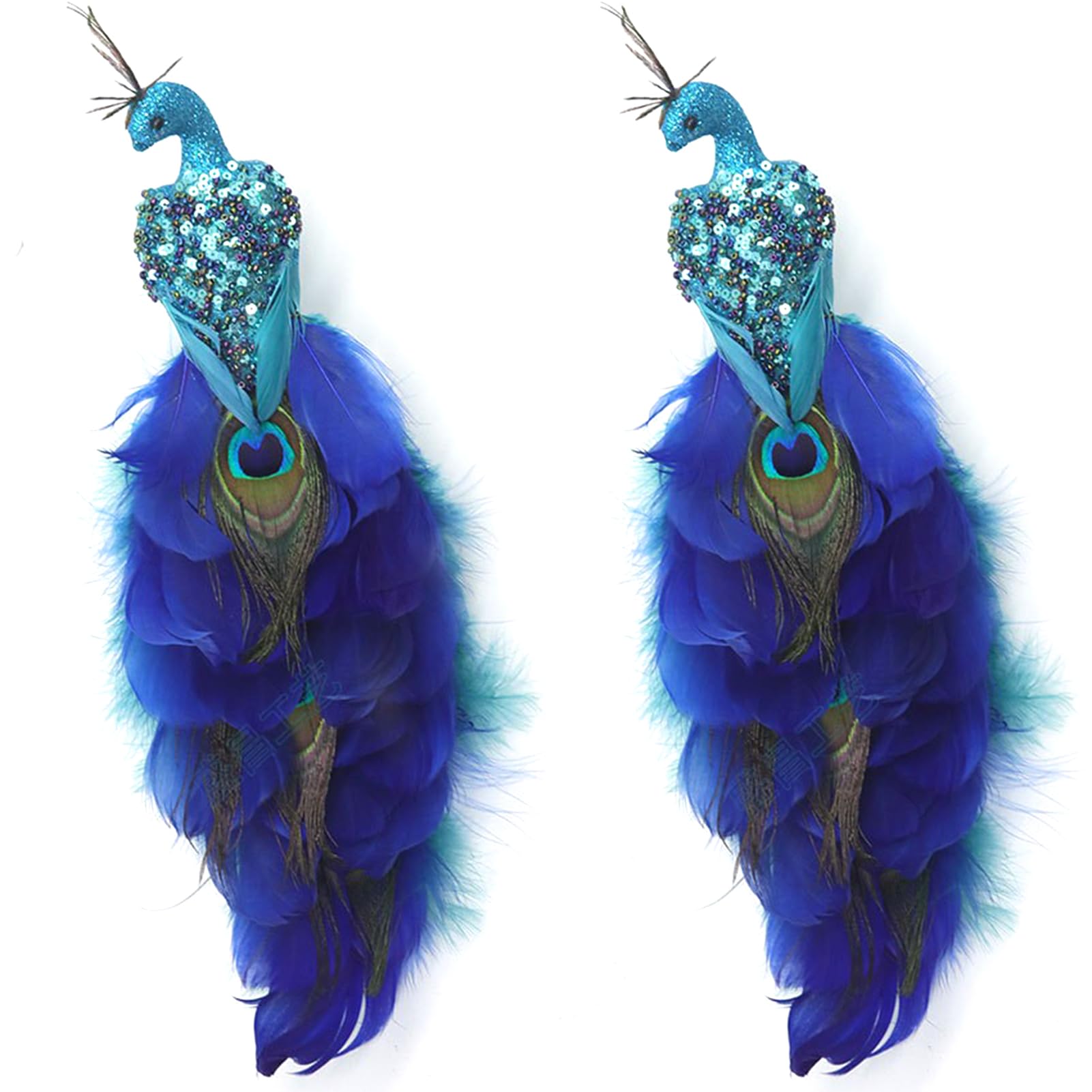 MISNODE Simulation Peacock Birds Ornament, Peacock Clip On Ornaments Glitter Artificial Feathered Birds, Long Tail Nature Feathered Artificial Peacock Bird Clip On Decorations