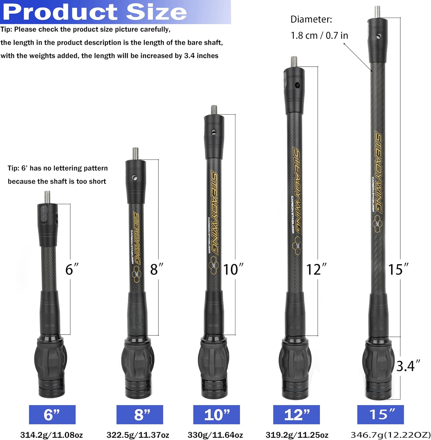 Bow Stabilizer for Compound Bow, Stabilizer Kit, 6" 8" 10" 12" 15", Archery Balance Rod,3K Carbon Fibre,Damping System and Shock Absorber Weights Kit