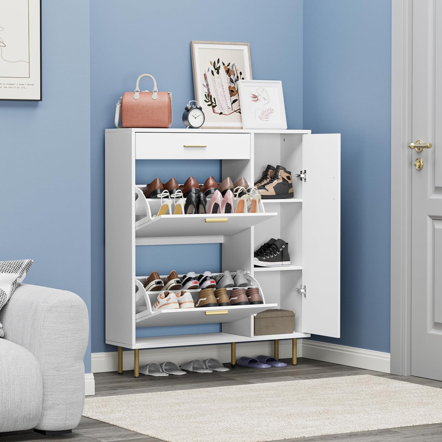 Anmytek Shoe Cabinet with flip drawers open, showing shoes stored inside and the side cabinet with a door.