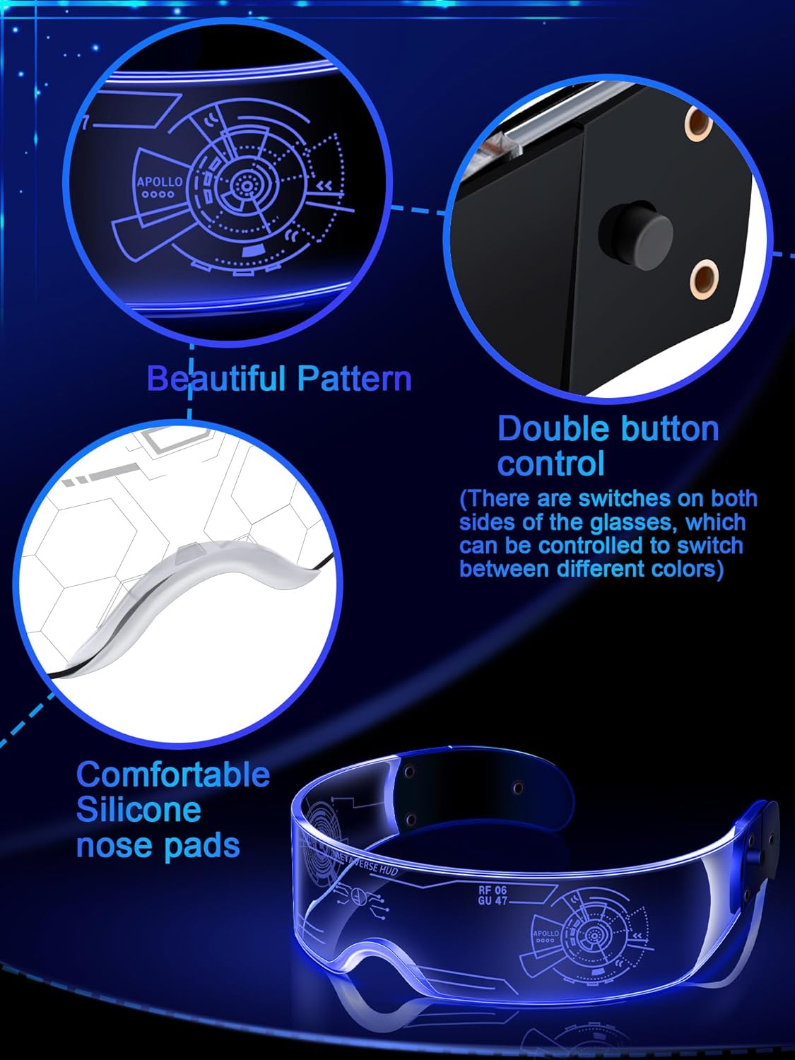 TOODOO 2 Pairs LED Visor Glasses 7 Colors Futuristic Glasses Light up Punk Accessories for Rave Party Costume - Image 5