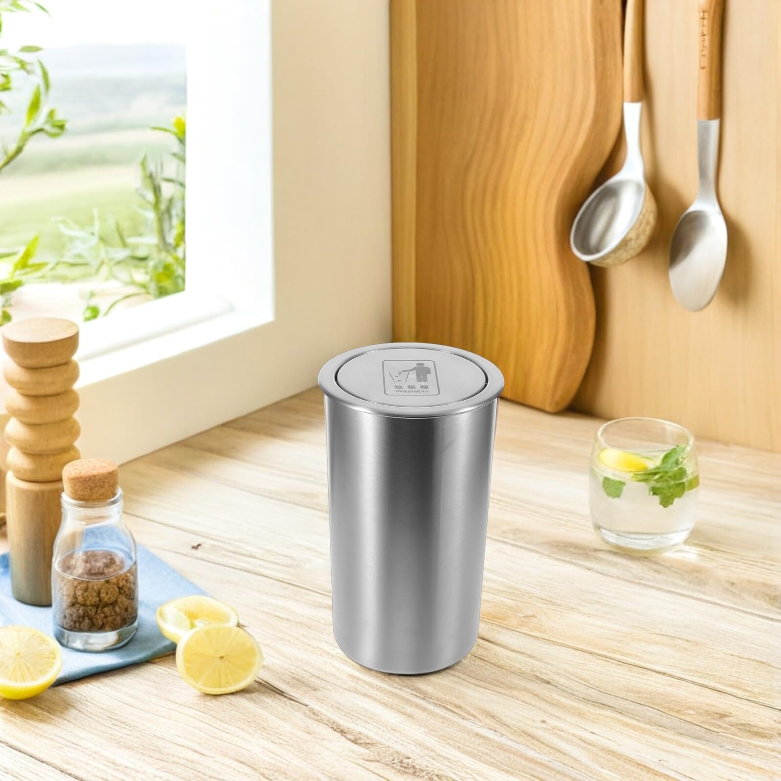 SHINEOFI Cubos de Basura Empotrados de Acero Inoxidable Tapa Abatible Redonda, Diseño Ahorrador de Espacio y Fácil Mantenimiento para Cocina y Restaurante