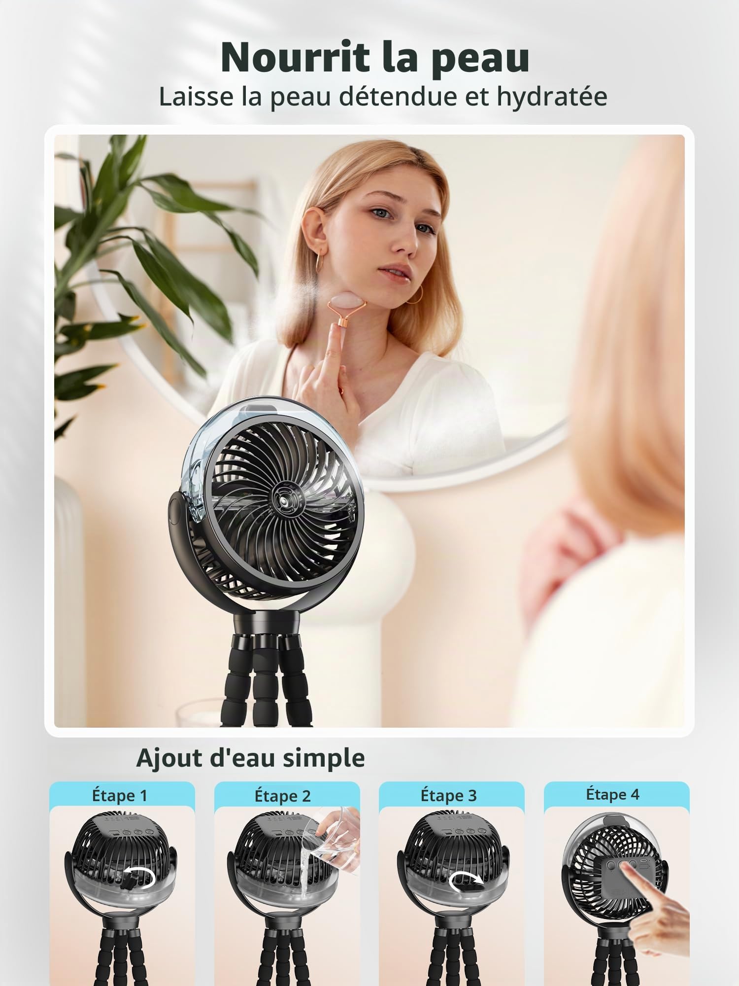 Ventilateur brumisateur pour poussette, 6000 mAh, batterie, portable avec lumière et pivot 360°, trépied flexible pour bébé, bureau, voyage, tapis