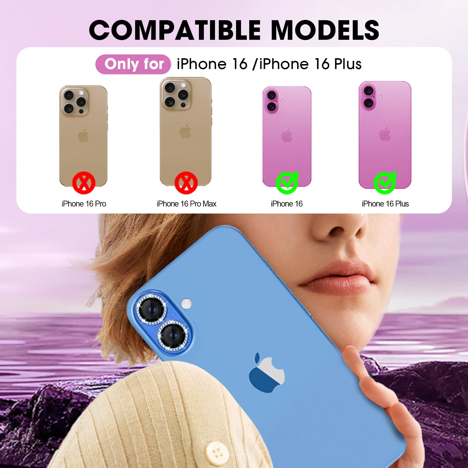 KeepHone Apple Iphone 16 & Iphone 16 Plus Kamera Koruma Parlak Simli Gömülü Taşl