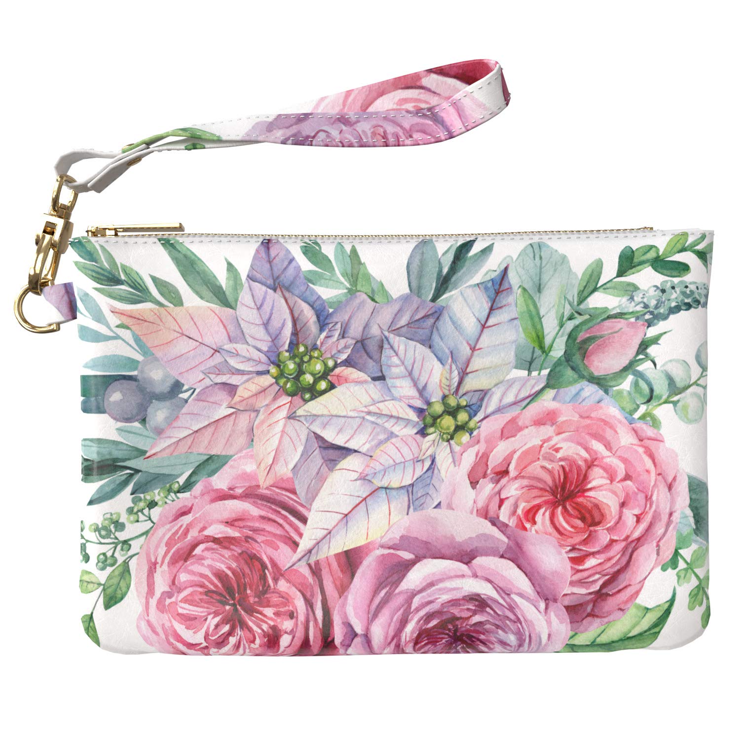 Cavka Makeup Bag 9.5 x 6 inch Purse Pouch Cosmetic Storage Roses Flower Print PU Leather Toiletry Zipper Travel Case Blowzy Strap Accessories Pink Peony Floral Portable Organizer Design Lush Leaves