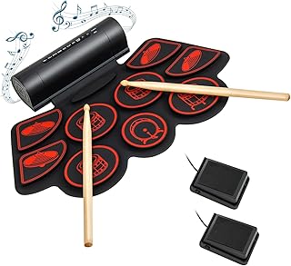 Costzon Electronic Drum Set, 9-Pad Digital Drum Kit w/ 2 Stereo Speakers, Drum Sticks, Foot Pedals, USB & Audio Cable, Headphone Jack, Portable Roll-up Drum Pad, Ideal Gift for Kids Adults (Red)