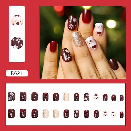 Miniatura 4 de Acenail Uñas postizas cuadradas cortas a presión, uñas postizas de Navidad con diseños de copos de nieve, uñas acrílicas a presión, uñas postizas