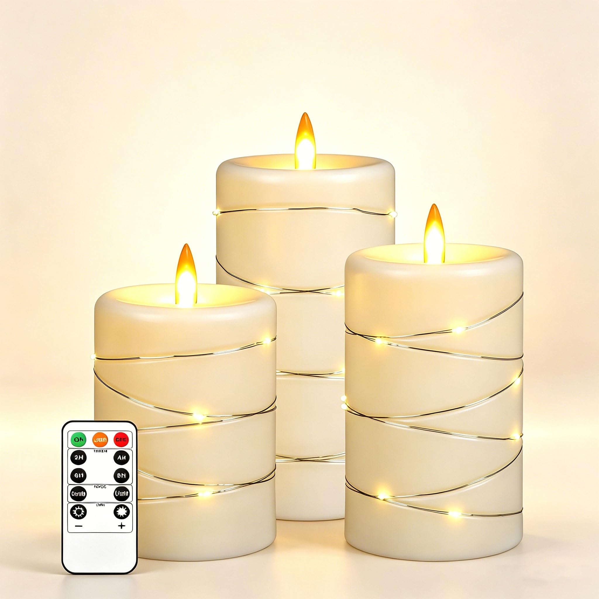 Da by 3 Stück ABS LED Kerzen mit Kupferlichtkette, Realistische Flackernde Flamme, Batteriebetriebene Kerzen mit Fernbedienung, Hitzebeständig & Wiederverwendbar für Innen- und Außendekoration