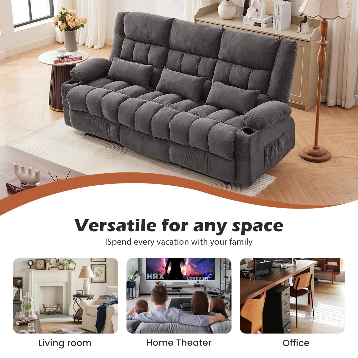 MAHOMICO Recliner Sofa with Cup Holders for Living Room 3 Seat Manual Oversized Recliner Chiar with Ergonomic, Side Pocket for Adult view 5