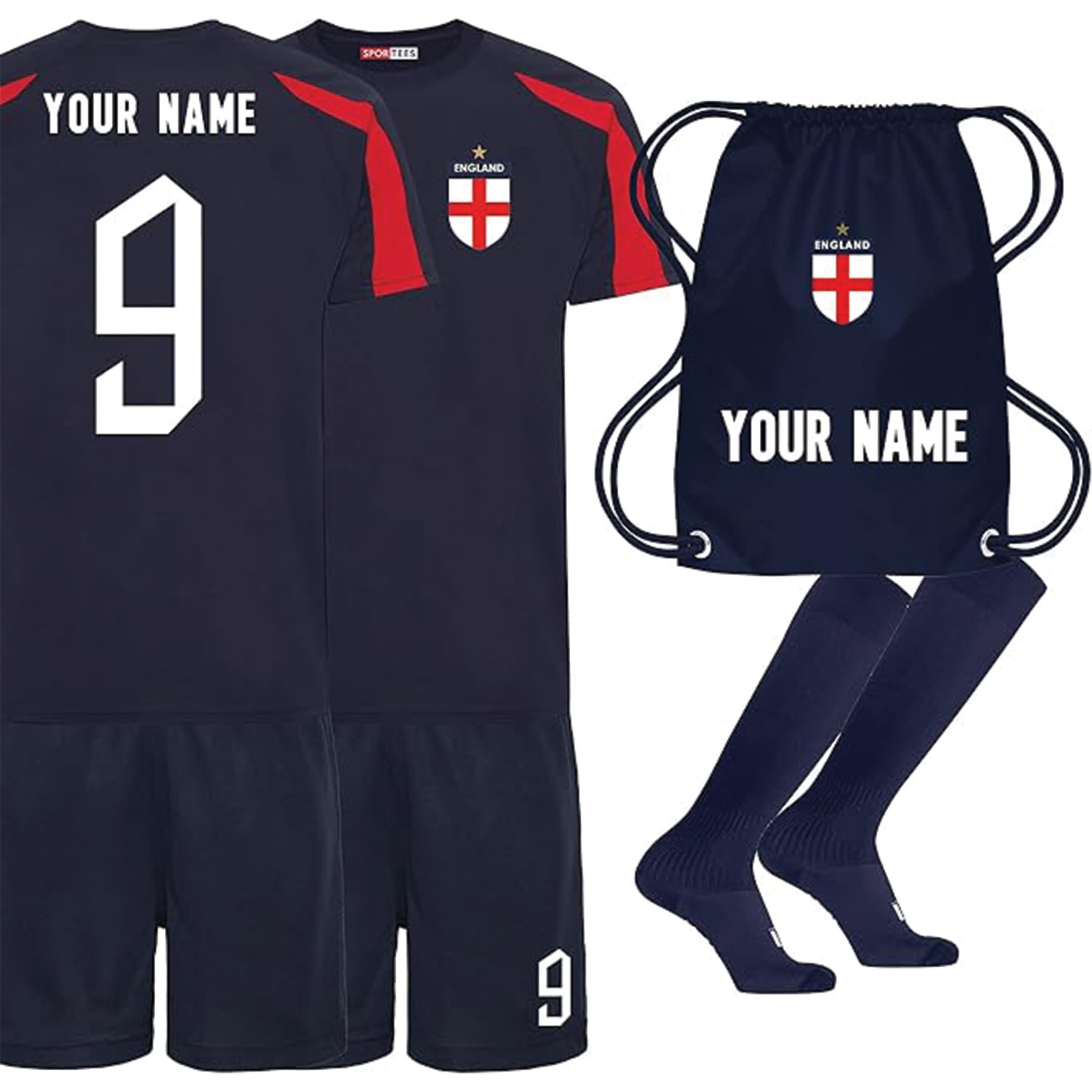 SporteesPersonalised England Style Kit Navy and Red Football Shirt, Navy Blue Shorts, Bag and Socks for Boys and Girls Best Birthday Gift for Children Kids Playwear 3/13 Years Old