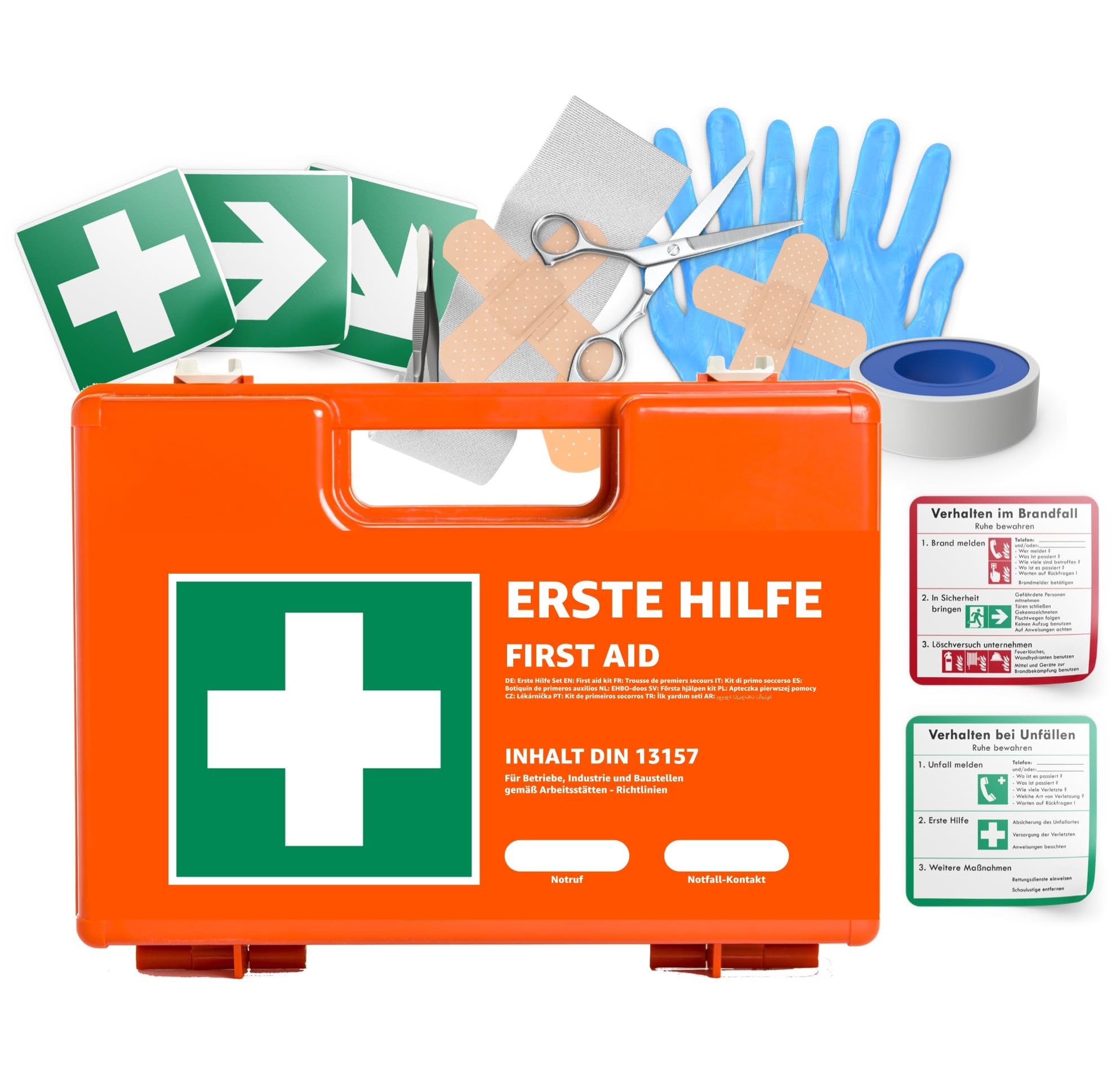 5 cajas de primeros auxilios – DIN 13157 – Maleta para empresas y empresas – Botiquín de primeros auxilios naranja probado según la norma actual – con adhesivo y soporte de pared (5)