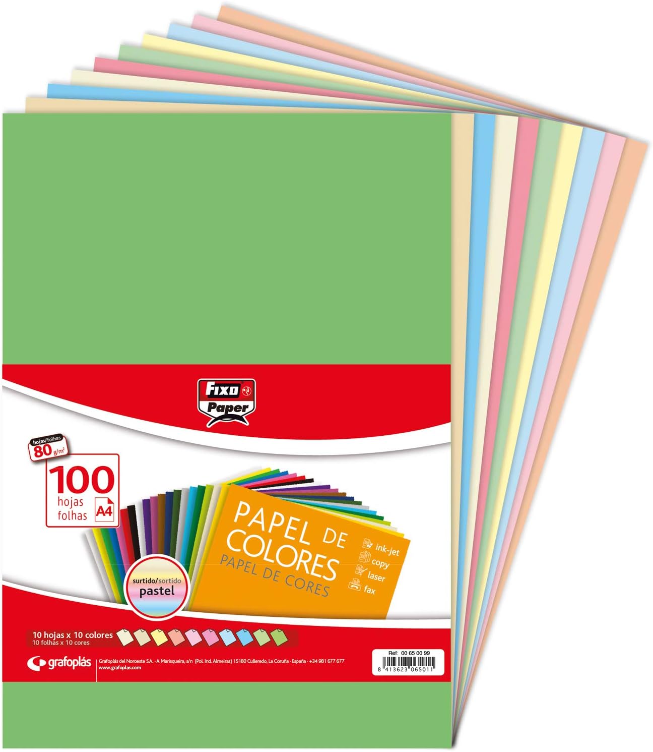 Fixo Paper 650099 Pack of 100 Sheets of A4 Paper, 80 g, Assorted Pastels, 500
