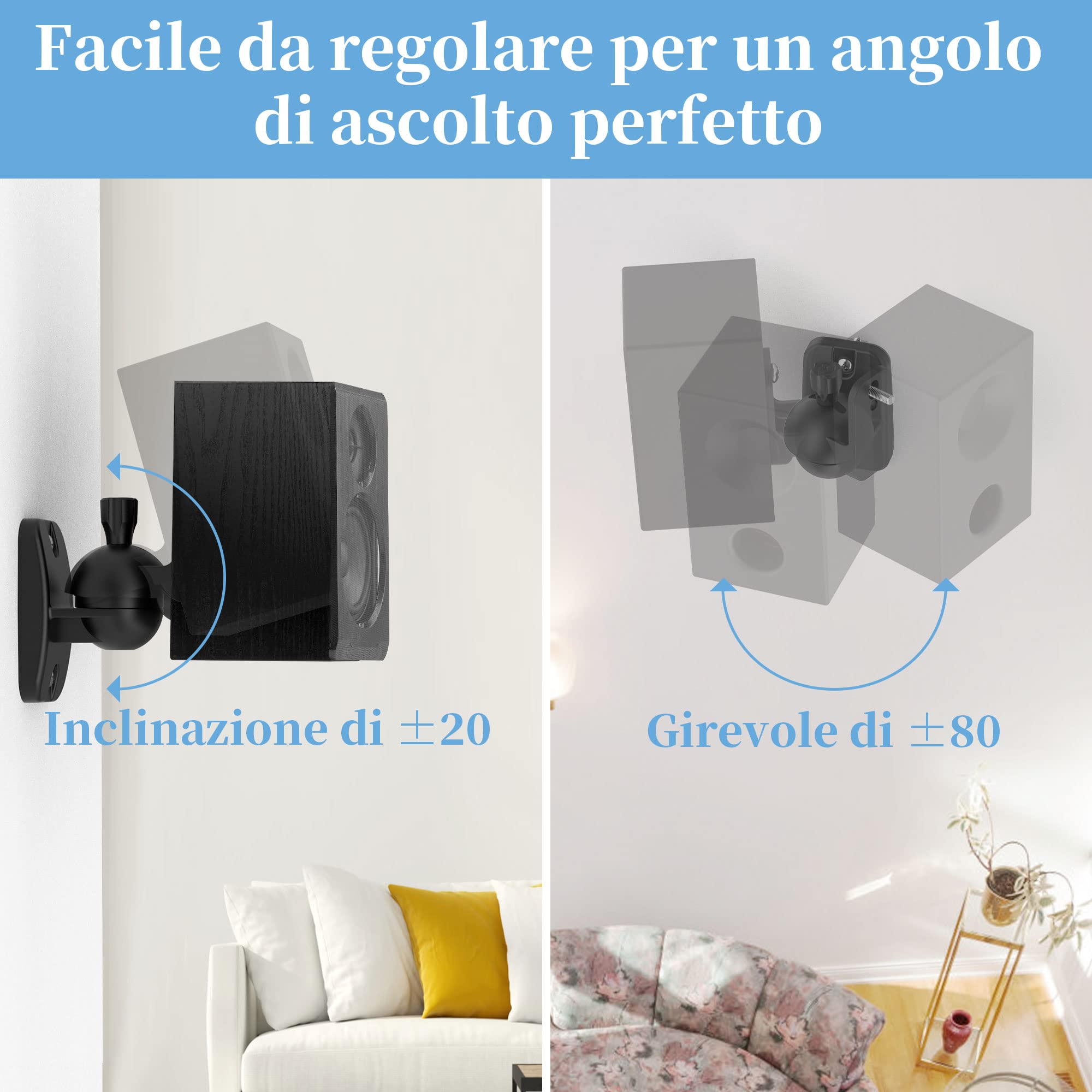 Cozycase Coppia Supporti da Parete per Altoparlanti 2 pezzi Girevoli Inclinabili Staffe per Casse a parete fino a 3,5 kg Nero