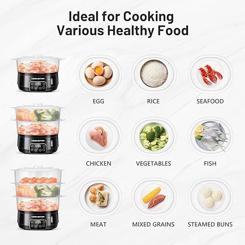 Miniatura 4 de Vaporizador eléctrico de alimentos de 13.7 cuartos de galón para cocinar, vaporizador de verduras con 3 niveles sin BPA, vaporizador digital con