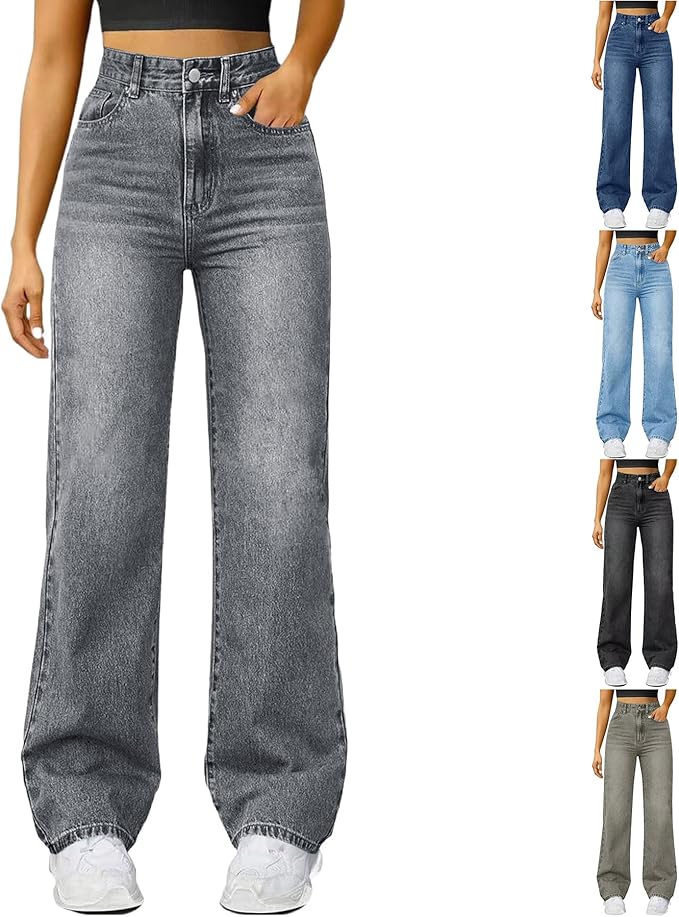Jeans for Women High Waist Straight Wide Leg Jean Loose Stretchy Baggy Casual Tummy Control Denim Pants with Pocket