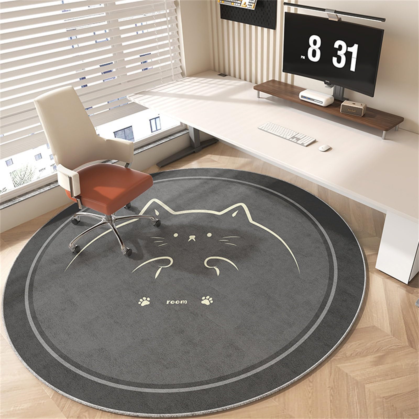Highdi Alfombrilla para Silla de Oficina Gaming, Impresión de Gato Redondo Protector Suelo Silla Ruedas Antideslizante Antiarañazos, Alfombrilla de Protección para Suelos (Gris Oscuro,Diámetro 100cm)