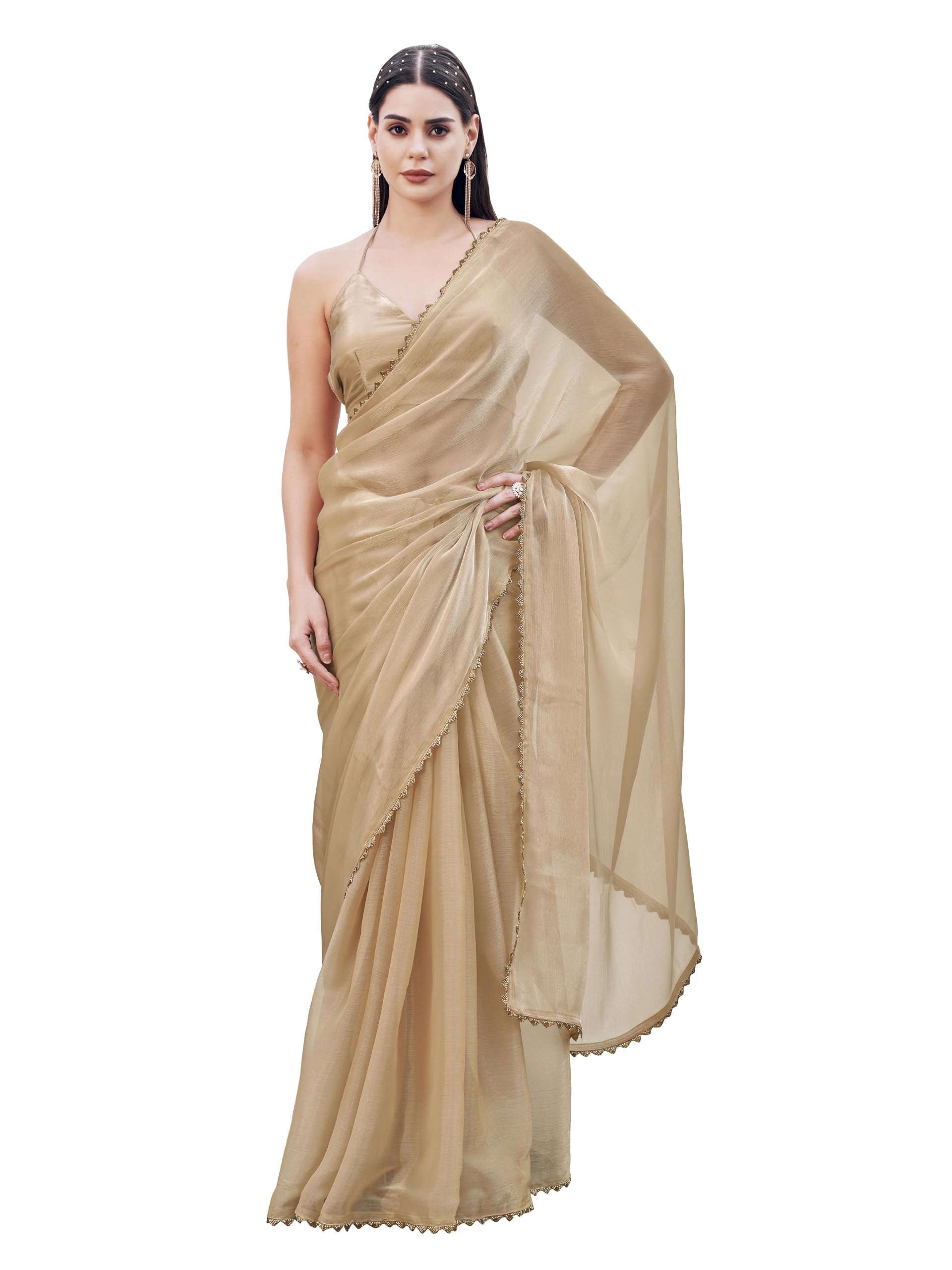 Womanista Women's Beige Colored Jimy Cho Saree With Handwork Border(Ti6847_Beige_Onesize)