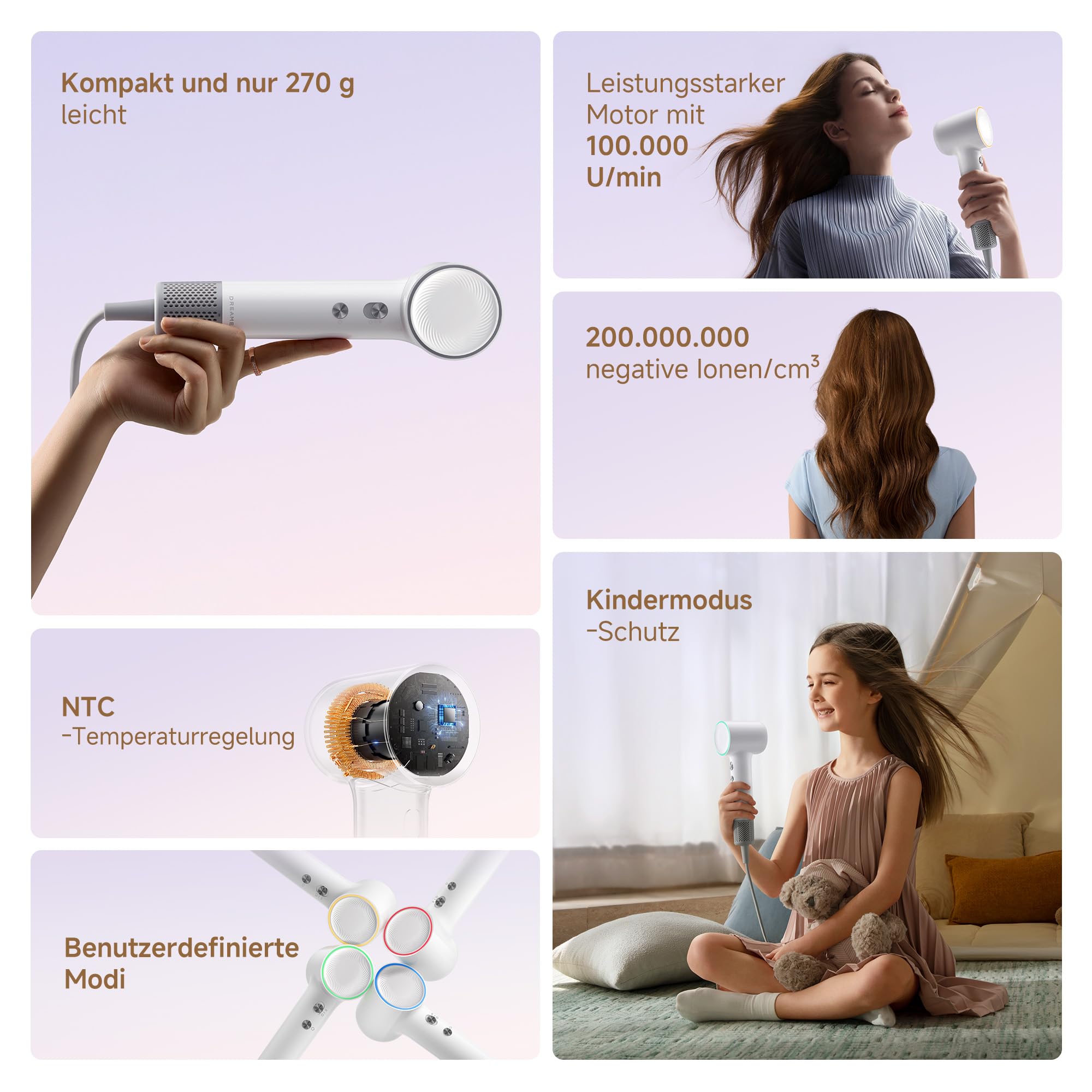 dreame Mini-High-Speed-Haartrockner, 270 g leicht Reiseföhn, Schnelltrocknen, Motor mit 100.000 U/min, NTC-Temperaturregelung, Pflege durch negative Ionen, 5 benutzerdefinierte Modi, Weiß