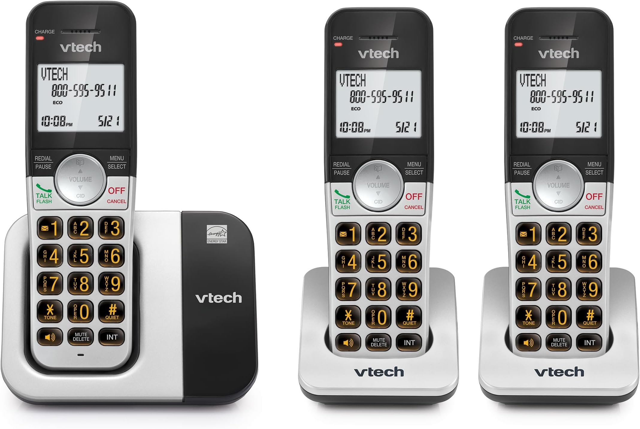 VTech Cordless Phone 3-Handset with Large Display and Big Buttons, DECT 6.0 with Caller ID/Call Waiting, Full Duplex Speakerphone, ECO Mode, Last 10 Number Redial, Easy to Use,VG231-3