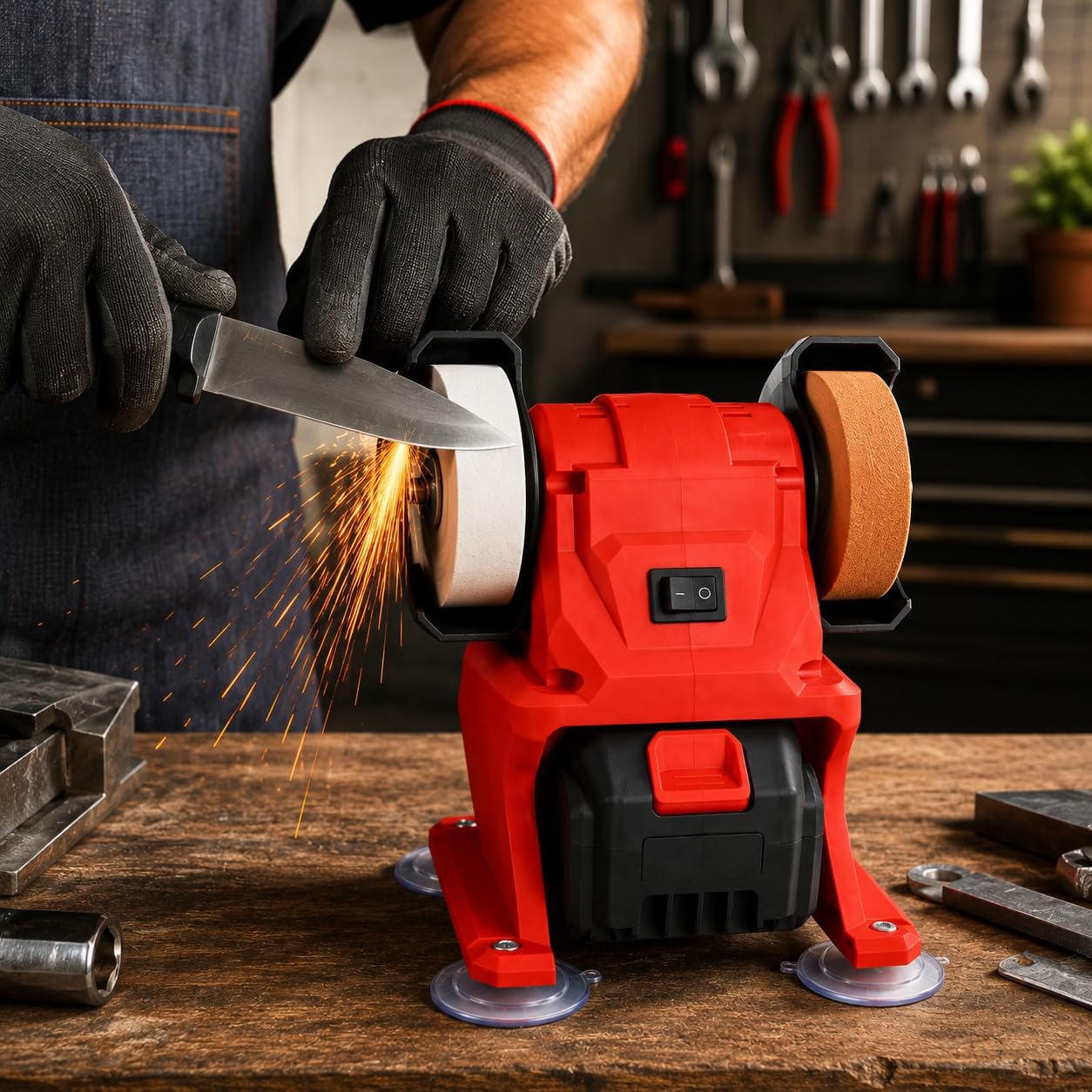 Mini Mola Smerigliatrice da Banco a Batteria con 2 Batterie M88 XC5.0 Doppia Pietra Abrasiva Ø70mm Motore 200W 5500 RPM Affilatrice da Banco Compatta per Lucidatura di Metallo, Legno e Gioielli