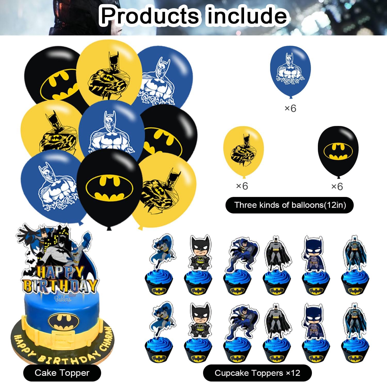 𝗕𝗮𝘁𝗺𝗮𝗻 Party Decorations,Birthday Supplies For 𝗕𝗮𝘁𝗺𝗮𝗻 Includes Banner Cake Topper 12 Cupcake Toppers 18 Balloons for Bat Hero Party Decorations