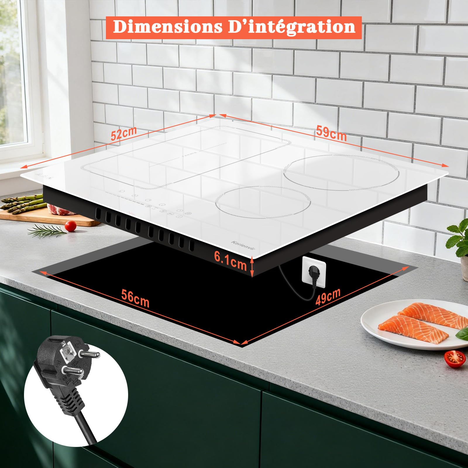 Plaque Induction 4 Feux Avec Prise, Plaque à Induction 60 cm Avec Boost, Zone Flexible, Verrouillage de Sécurité, Pause, Minuteur, Induction Blanche, 220-240 V, 3500 W