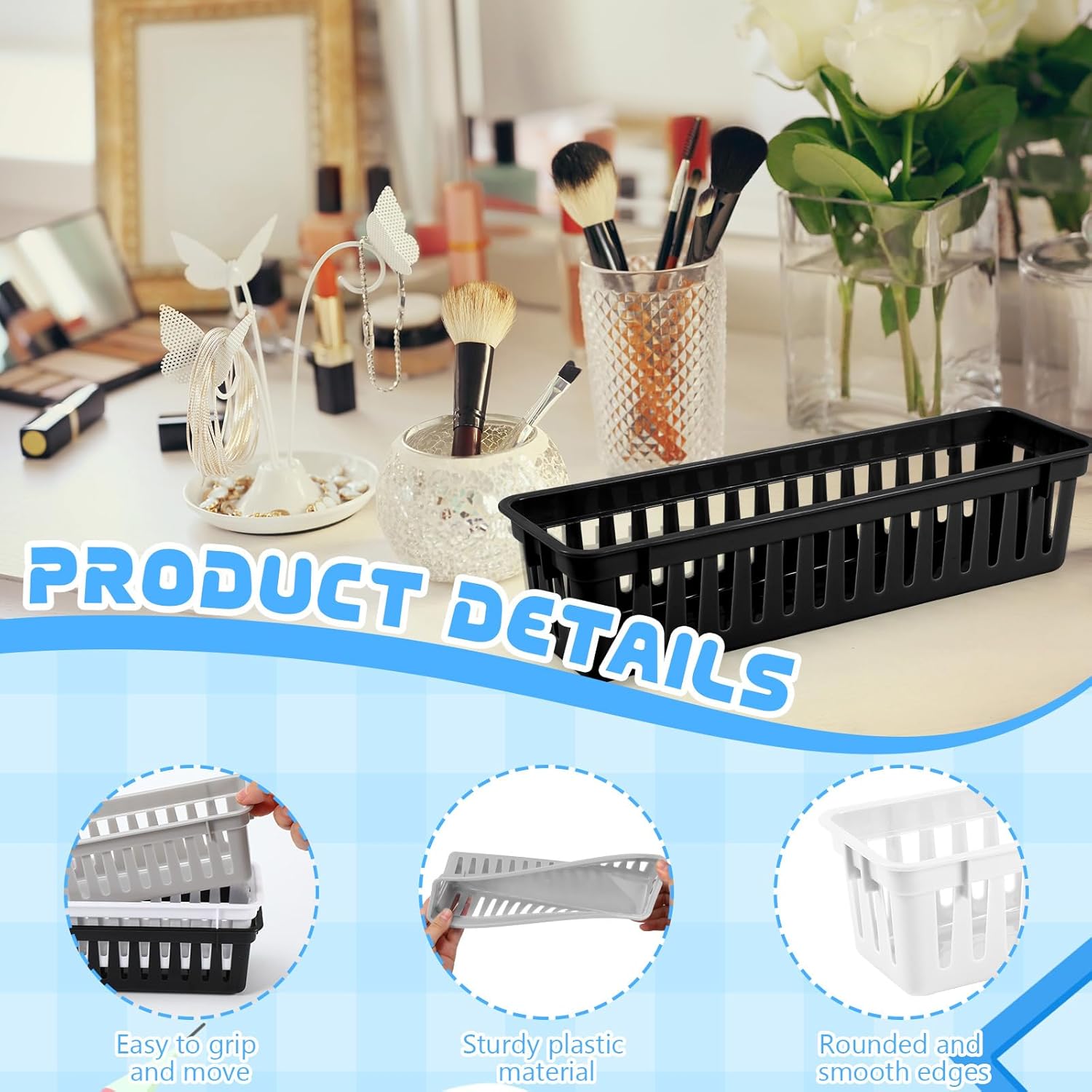 12 Pcs Black,White,Gray Slim Plastic Storage Baskets Tray 10 x 3 x 2.5 Inch Compact Stackable Desk Organizer for Office, Classroom, School Supplies, and Home Storage, Organization(Black,White,Gray)