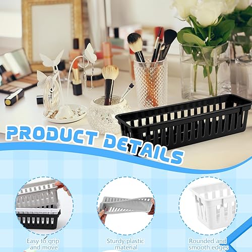 Miniatura 3 de 12 cestas de almacenamiento de plástico delgadas de color negro, blanco, gris, 10 x 3 x 2.5 pulgadas, organizador de escritorio compacto apilable