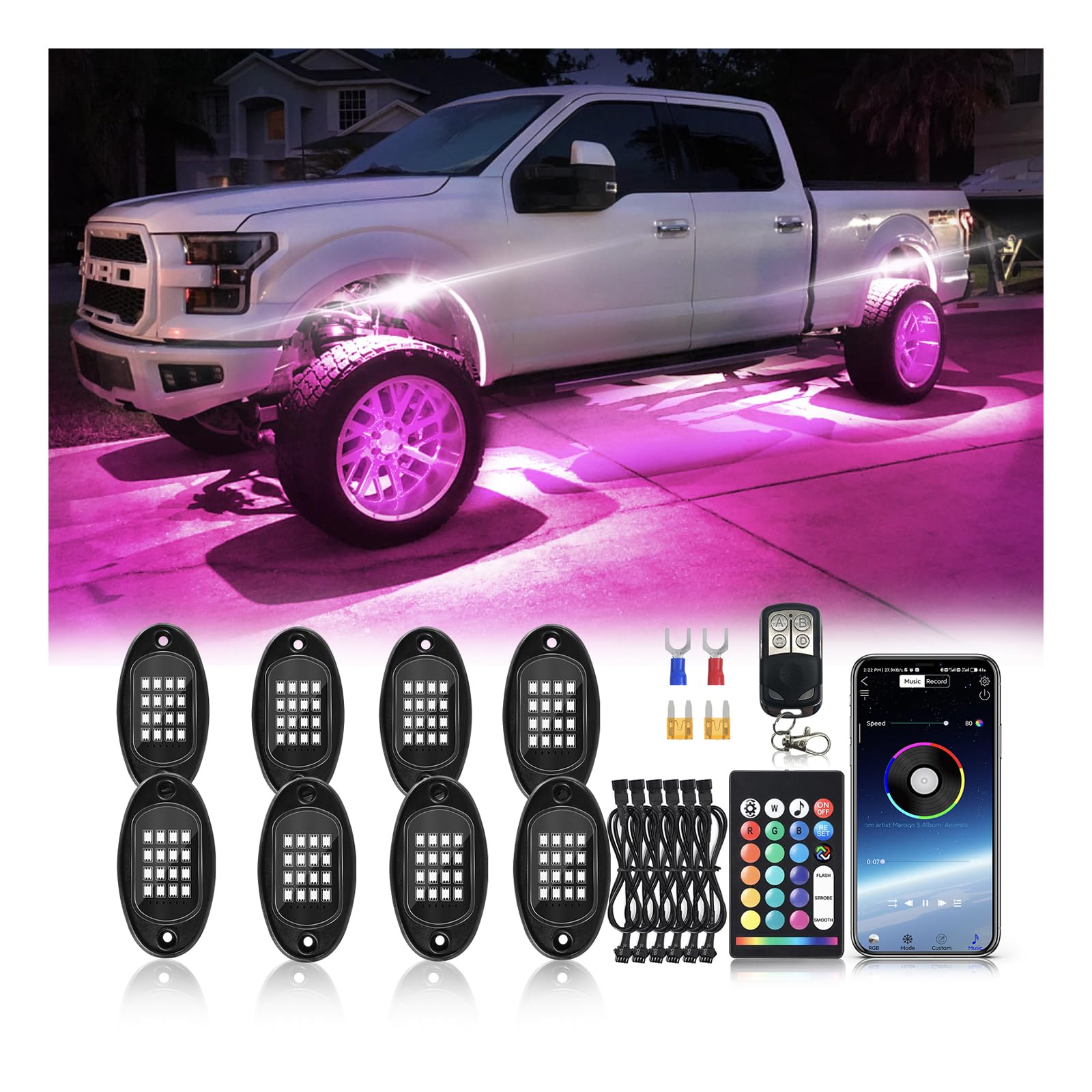 8Pods Segmented RGB LED Rock Lights Kit with APP/RF Remote Control, Upgraded Multicolor Underglow Neon Brake Light Music Mode Waterproof 12V Fender Lights for Trucks Pickup Jeep Golf Cart ATV UTV