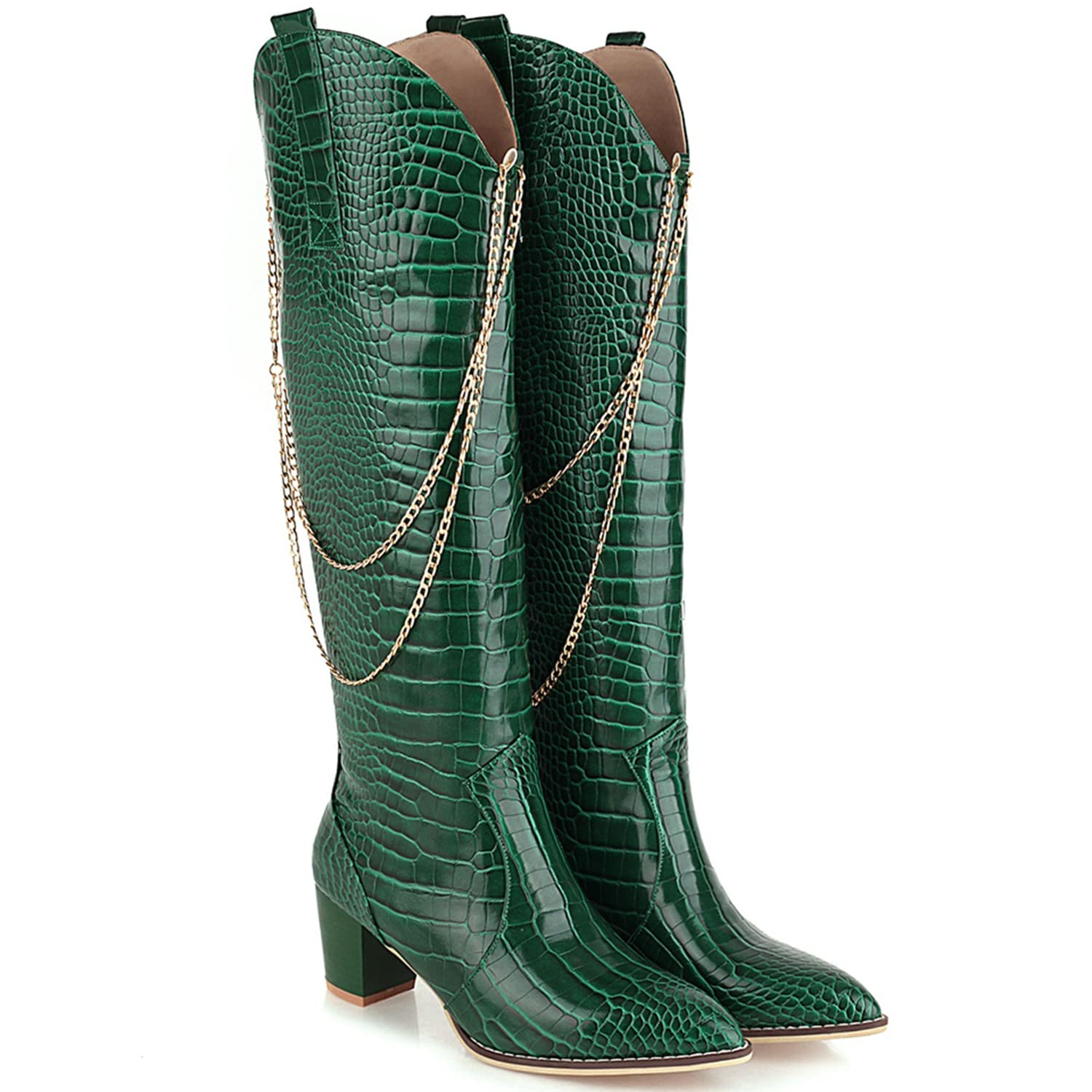 LEHOOR Women Chunky Heel Knee High Western Boots Wide Calf Pointed Toe Crocodile Cowboy Boots Gold Chain V-Cut