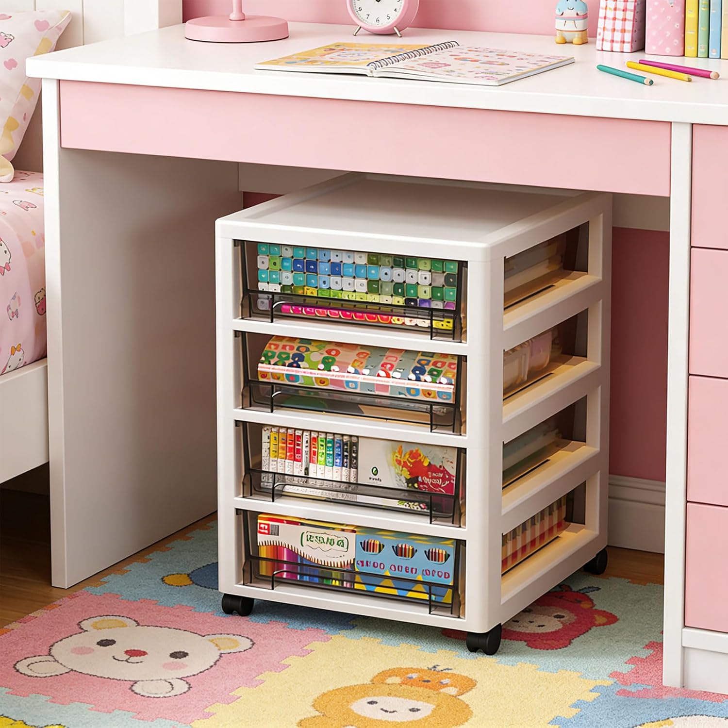 Plastic Storage Unit with Visible Compartments and Wheels for Home Office Kitchen Bathroom Organization