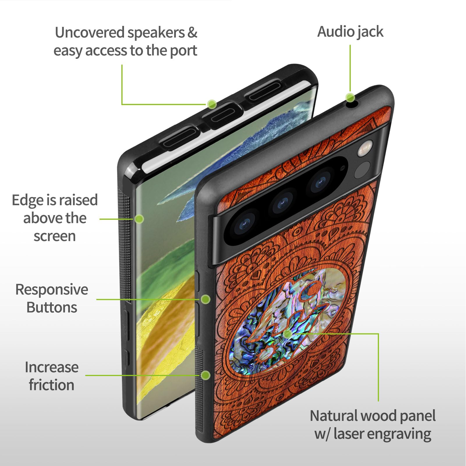 Carveit Designer Wooden Case For Google Pixel 8a Case Cover [Wood Engraving & Shell Inlay] Compatible With Wireless Chargers Pixel 8a Case (Yin Yang