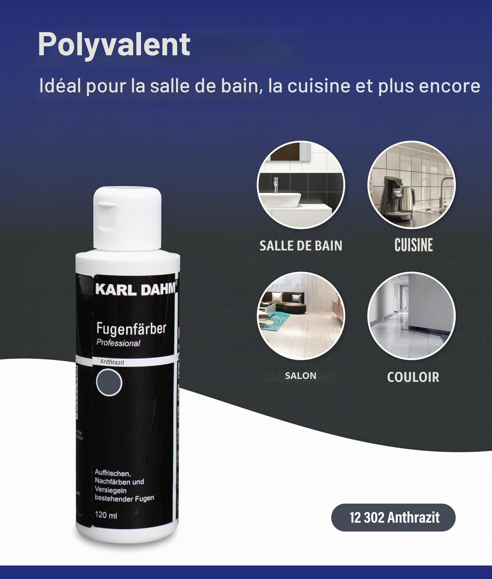 Karl Dahm Teinture pour Joints - Coloration Joints Anthracite 120 ml I 3 Couleurs Disponibles I Teinter et Sceller les Joints de Carrelage Anthracite I Peinture Rénovation de Joints Intérieurs - 12302