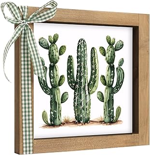 6 Inch Cactus Wall Decor, Wooden Cactus Pictures Wall Art Framed, Western Nursery Room Kitchen Bathroom Bedroom Table Desk Shelf Rustic Farmhouse Decorations for Home