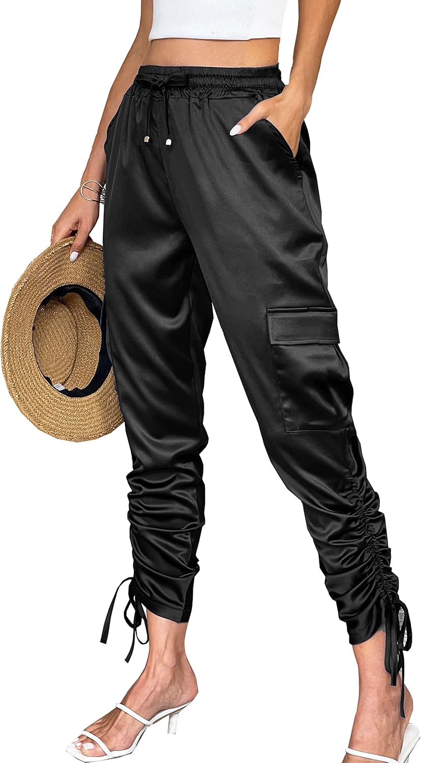Women's Pocketed Cargo Jogger Satin Pants Dressy Casual High Waist Sweaterpants