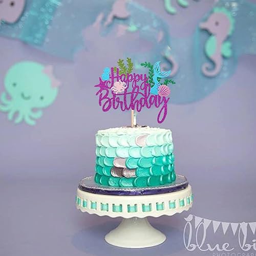 Miniatura 4 de 1 pieza de decoración de pastel de sirena de feliz cumpleaños, algas marinas, conchas marinas, pulpo, estrella de mar, cola de sirena, palillo para