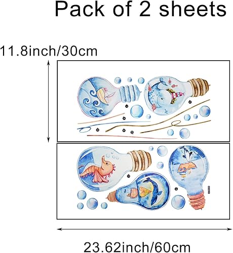 Miniatura 2 de Calcomanías colgantes de pared de bombilla oceánica de dibujos animados de vida submarina con burbujas de 42 x 30 pulgadas, calcomanías de vinilo