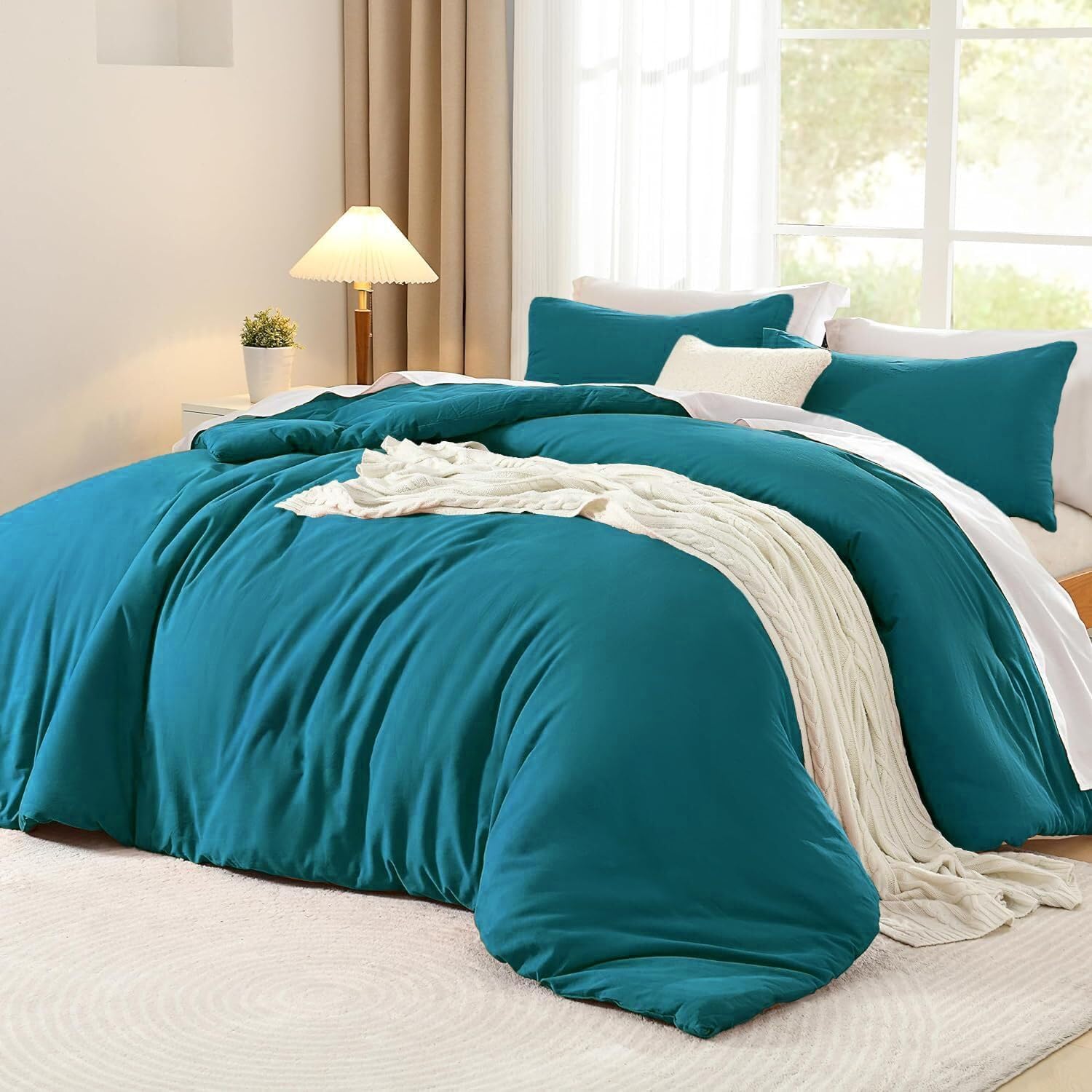 Luofanfei Housse de Couette Coton 240 x 260 Bleu Canard Pétrole Adulte Ado Uni 2 Personnes Parure de Lit Unie Coton Housse Couette 240x260 Linge de Lit avec Fermeture éclair et 65x65 Taies d'oreiller
