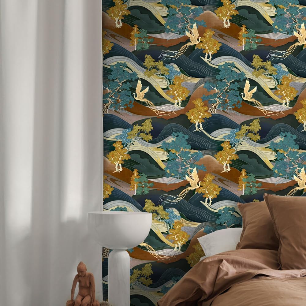 17.5"x118" 3D Abstract Mountain Wallpaper Yellow Blue Trees Gold Phoenix Wallpaper Self Adhesive Colorful Nature Landscape Contact Paper Wall Murals for Bedroom Living Room TV Sofa Background Home