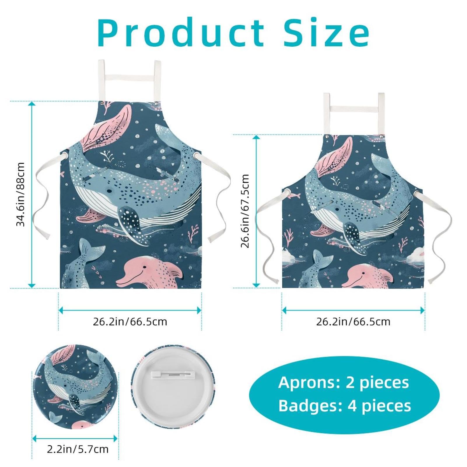 Lot de 2 tabliers de cuisine doux et réglables avec 2 grandes poches pour homme et femme Motif baleine de l'océan, Imprimé baleines de l'océan profond,