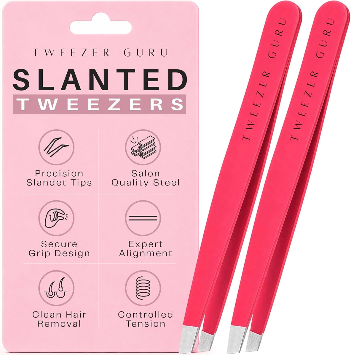 Tweezer Guru Pinzas para mujeres, vello facial y hombres – Pinzas de cejas de punta inclinada de precisión para eliminación de pelo encarnado, puntos negros y astillas (2 rosa brillante)