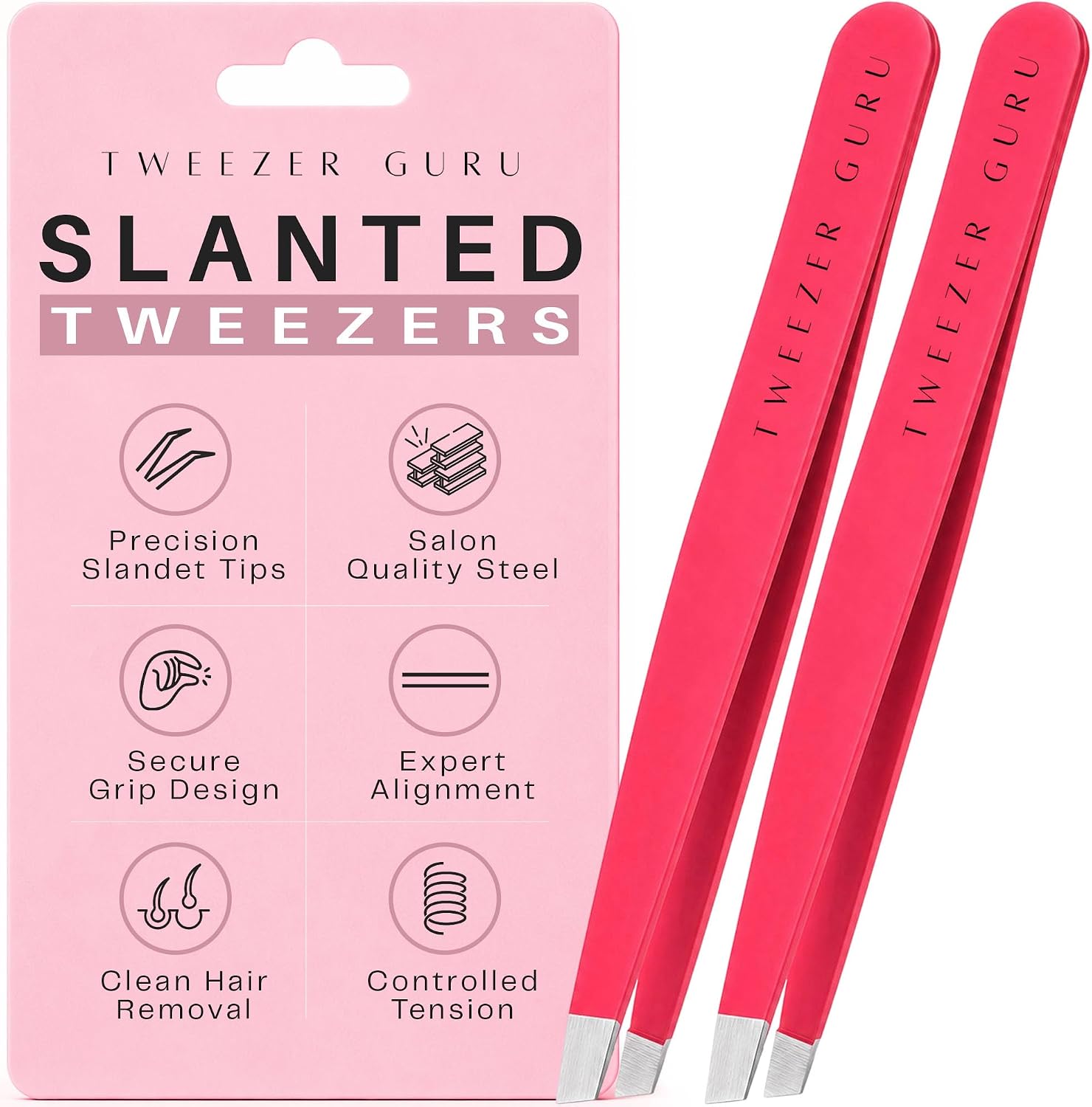 Tweezer Guru Tweezers for Women Facial Hair & Men – Precision Slant-Pointed Eyebrow Tweezer for Ingrown Hair, Blackhead & Splinter Removal (2 Bright Pink)