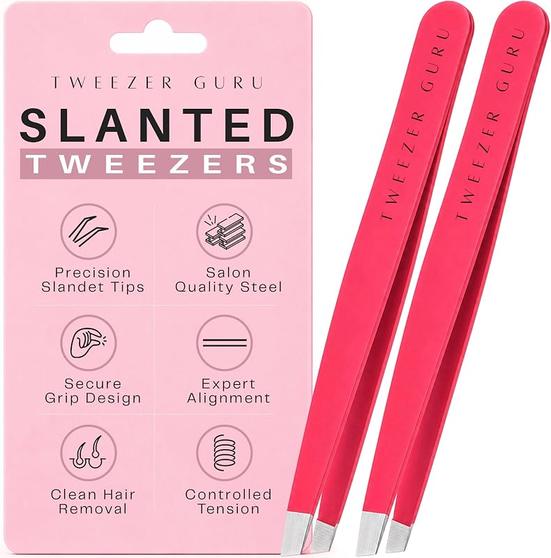 Tweezer Guru Pinzas para mujeres, vello facial y hombres – Pinzas de cejas de punta inclinada de precisión para eliminación de pelo encarnado, puntos negros y astillas (2 rosa brillante)