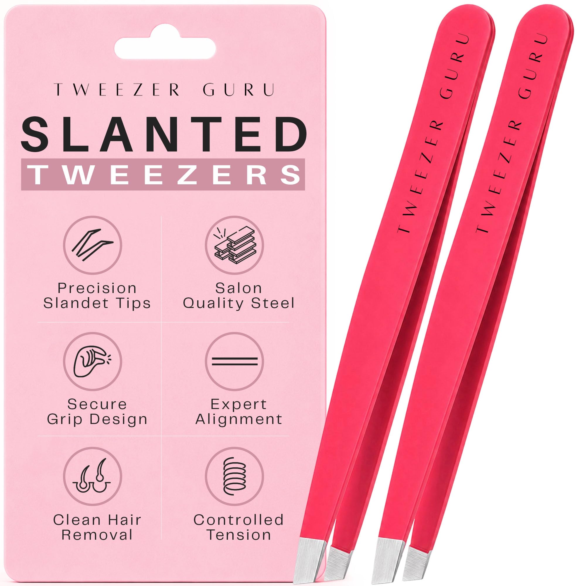 Tweezer Guru Women's Pink Tweezers For - 2Pc Slant Pointed Precision Tweezers For Eyebrows & Ingrown Hair Removal - Blackhead And Splinter Tweezer With Sharp Needle Nose Point For Plucking (Bright )