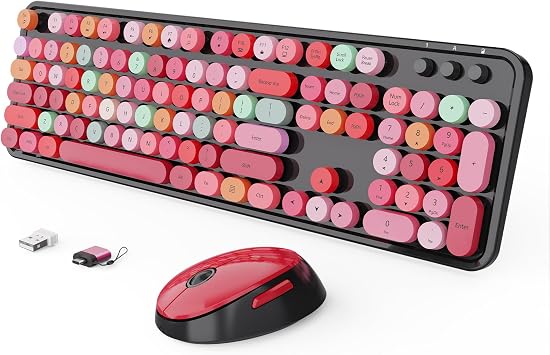 Wireless Keyboard and Mouse Combo, Ergonomic Full Size Typewriter Retro Round Keycaps Keyboard, Compatible with Windows, PC, Perfer for Home and Office Keyboards Red