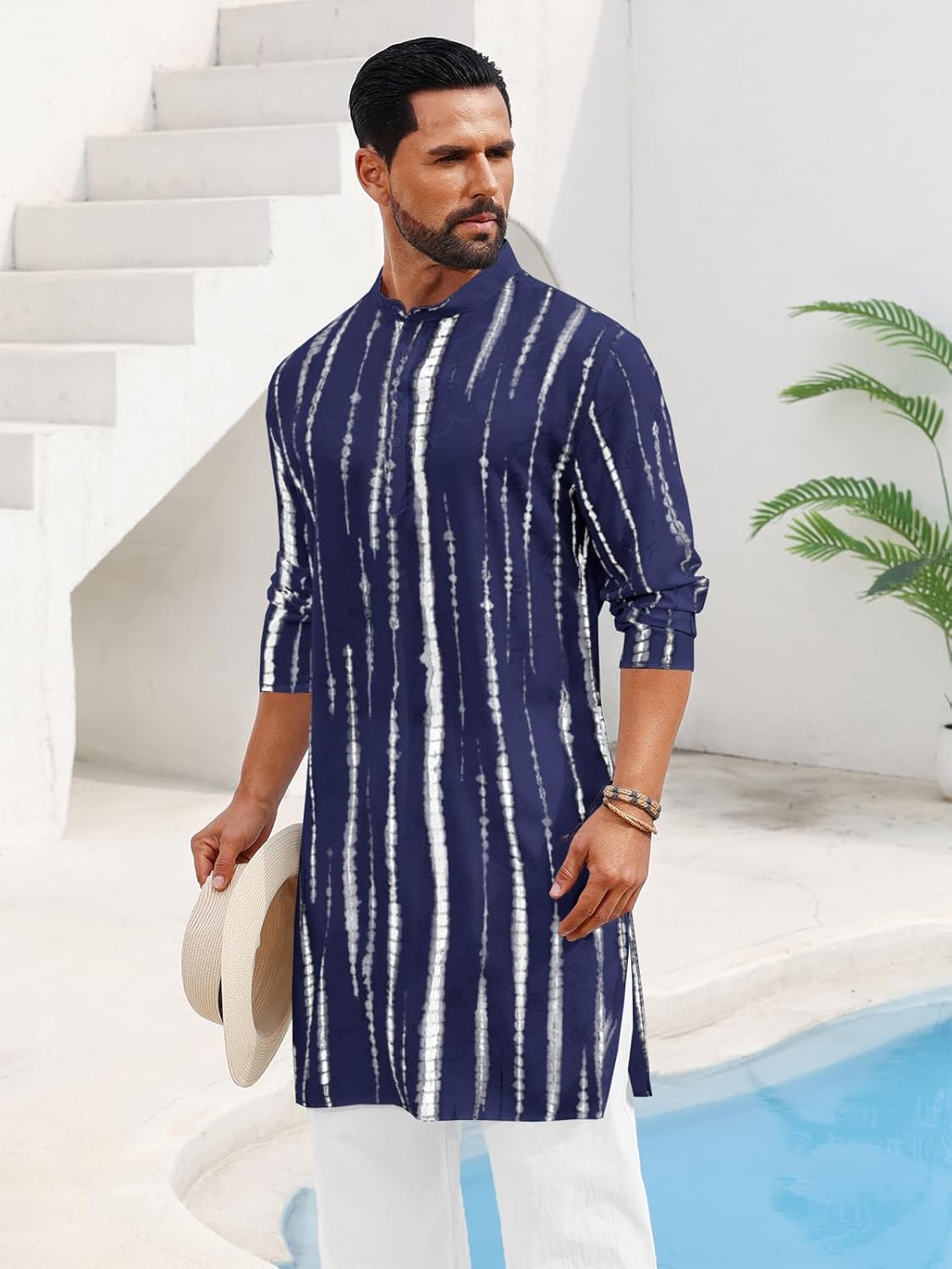 Runcati Mens Kaftan Robe Tie-Dye Long Sleeve Button Down Henley Shirts Thobe Hipster Print Side Split Gown Shirt - Image 4