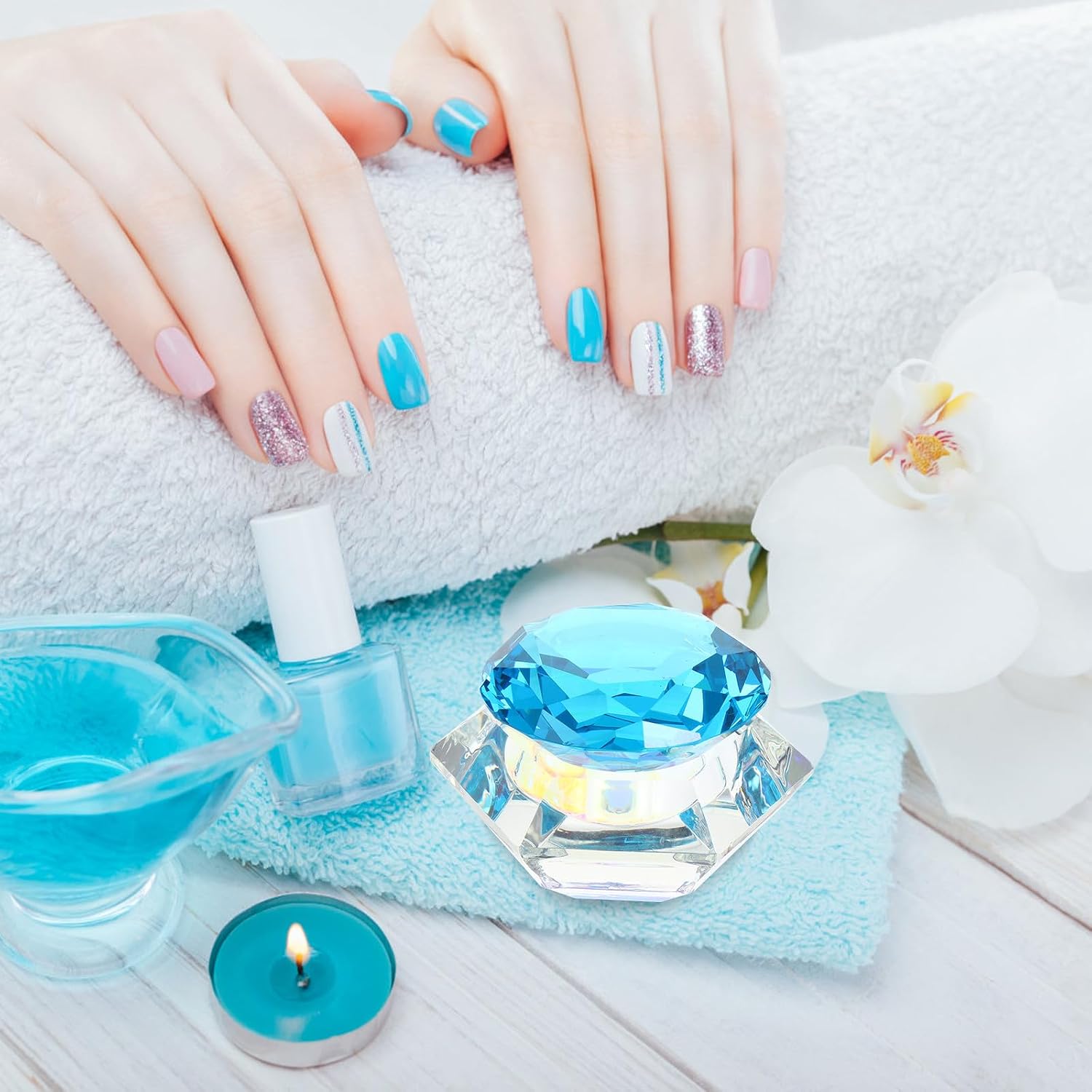 POPETPOP Crystal Hexagon Heart Nail Art Cup with Lid Manicure Liquid Holder for Professional Nail Salon and DIY Lake Blue