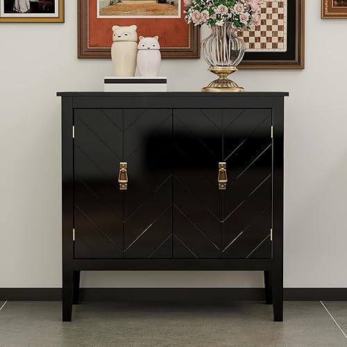 Aparador de ratán de 2 puertas - Armario de buffet con almacenamiento, armario de almacenamiento de acento, creenza de madera bohemia para sala de