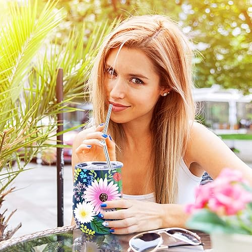 Miniatura 7 de NymphFable Vaso de vino de flores de 12 onzas con popote y tapa, vaso de vino de acero inoxidable, taza de viaje aislada de doble pared